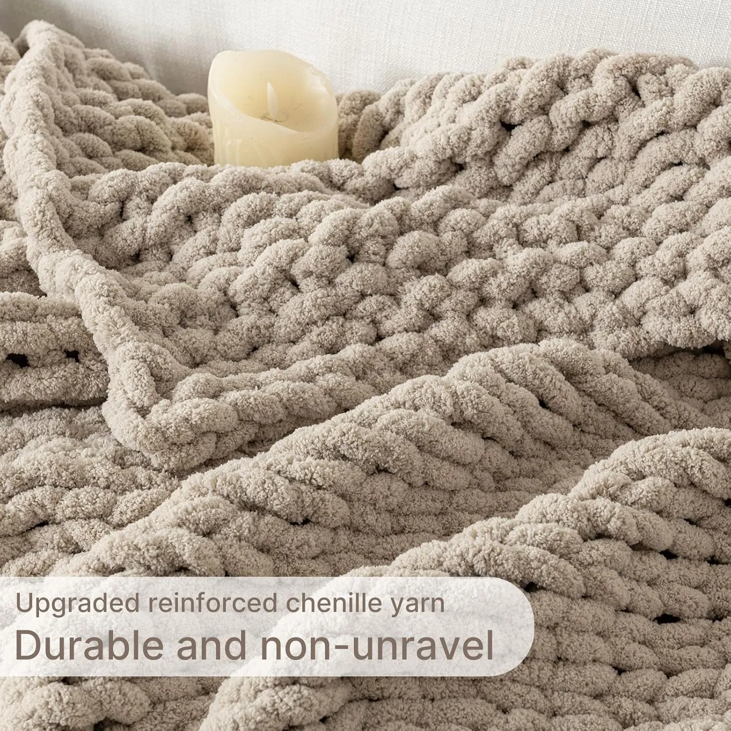 Chunky Knit Blanket Throw, 100% Hand Knit Throw Blanket Handmade Chenille Cable Knit Throw for Couch, Stylish Cozy Soft Rope Knot Crochet Blanket for Home Decor, Beige Linen, 50x60 Inches