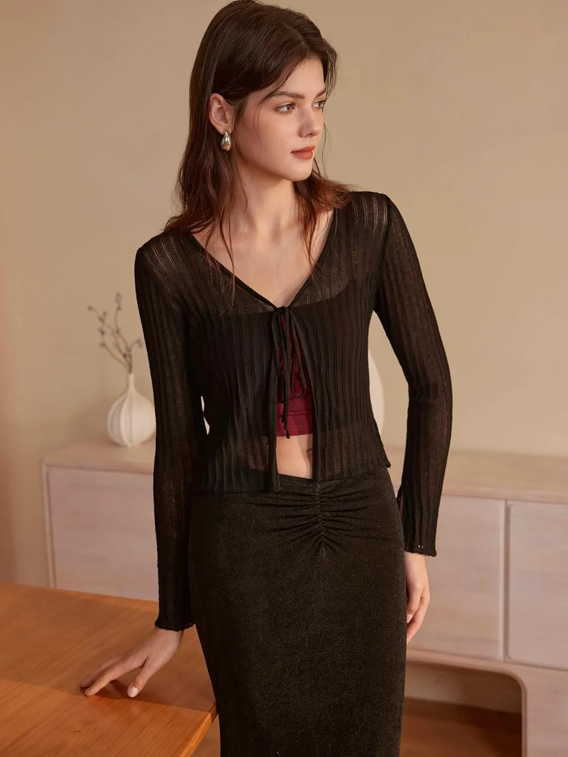 CIDER Cardigans for Women Trendy Bow Tie Front V Neck Long Sleeve Lightweight Shrug Sweater Ribbed Knit Crochet Cardigans