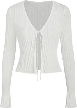 CIDER Cardigans for Women Trendy Bow Tie Front V Neck Long Sleeve Lightweight Shrug Sweater Ribbed Knit Crochet Cardigans