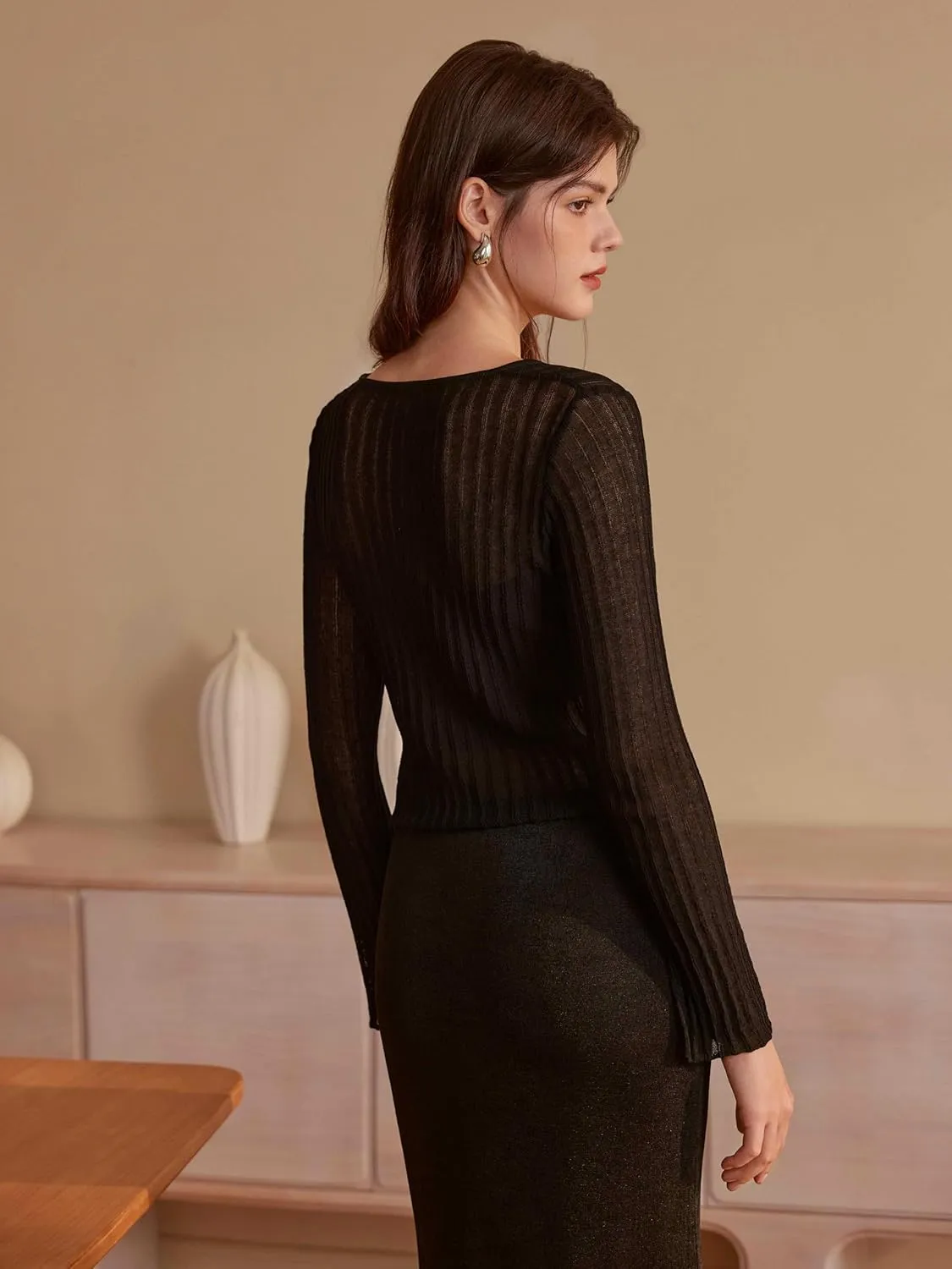 CIDER Cardigans for Women Trendy Bow Tie Front V Neck Long Sleeve Lightweight Shrug Sweater Ribbed Knit Crochet Cardigans
