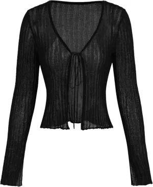 CIDER Cardigans for Women Trendy Bow Tie Front V Neck Long Sleeve Lightweight Shrug Sweater Ribbed Knit Crochet Cardigans