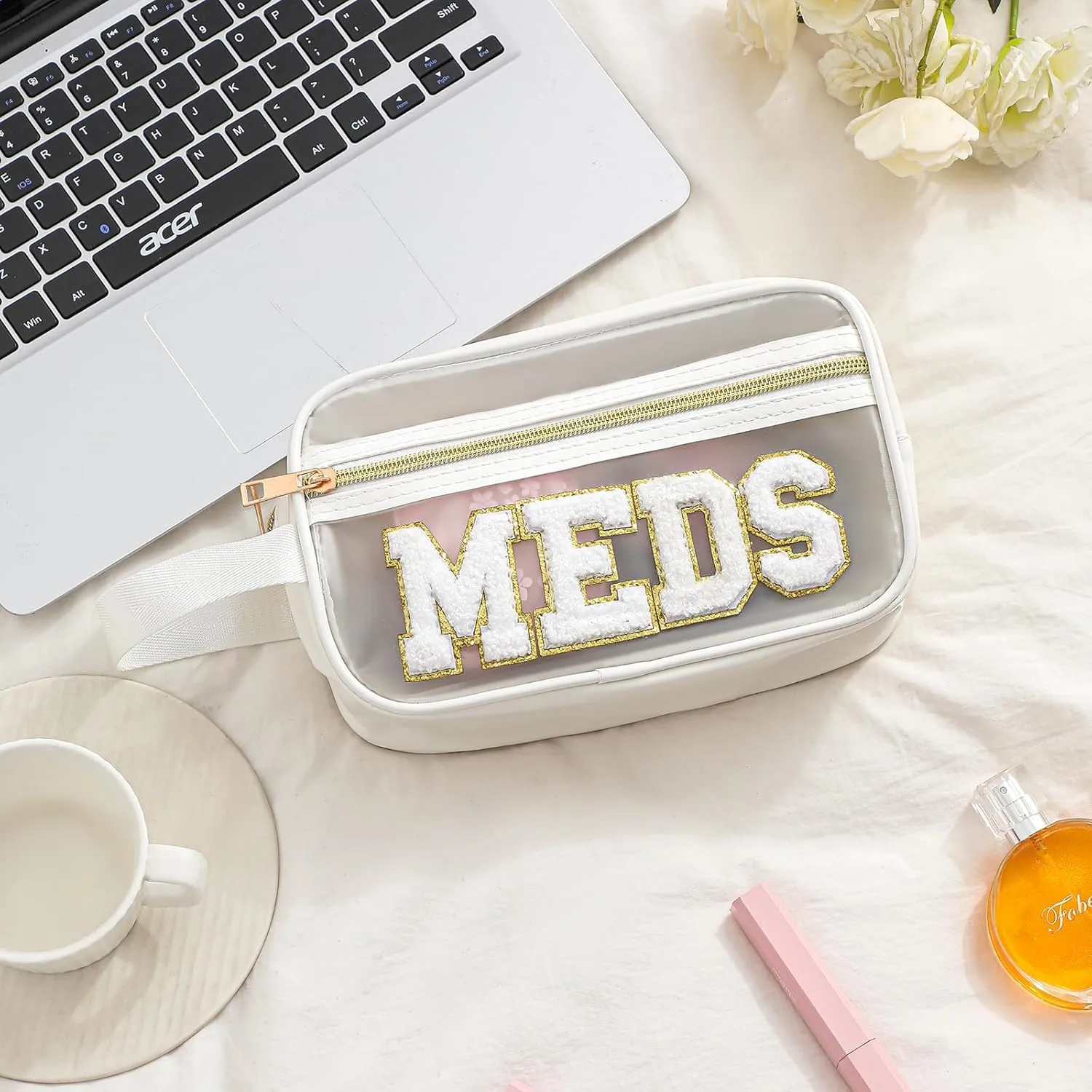 Clear Chenille Letter Makeup Bag，Transparent Waterproof Cosmetic Bag, Sunscreen Accessories Storage Organization