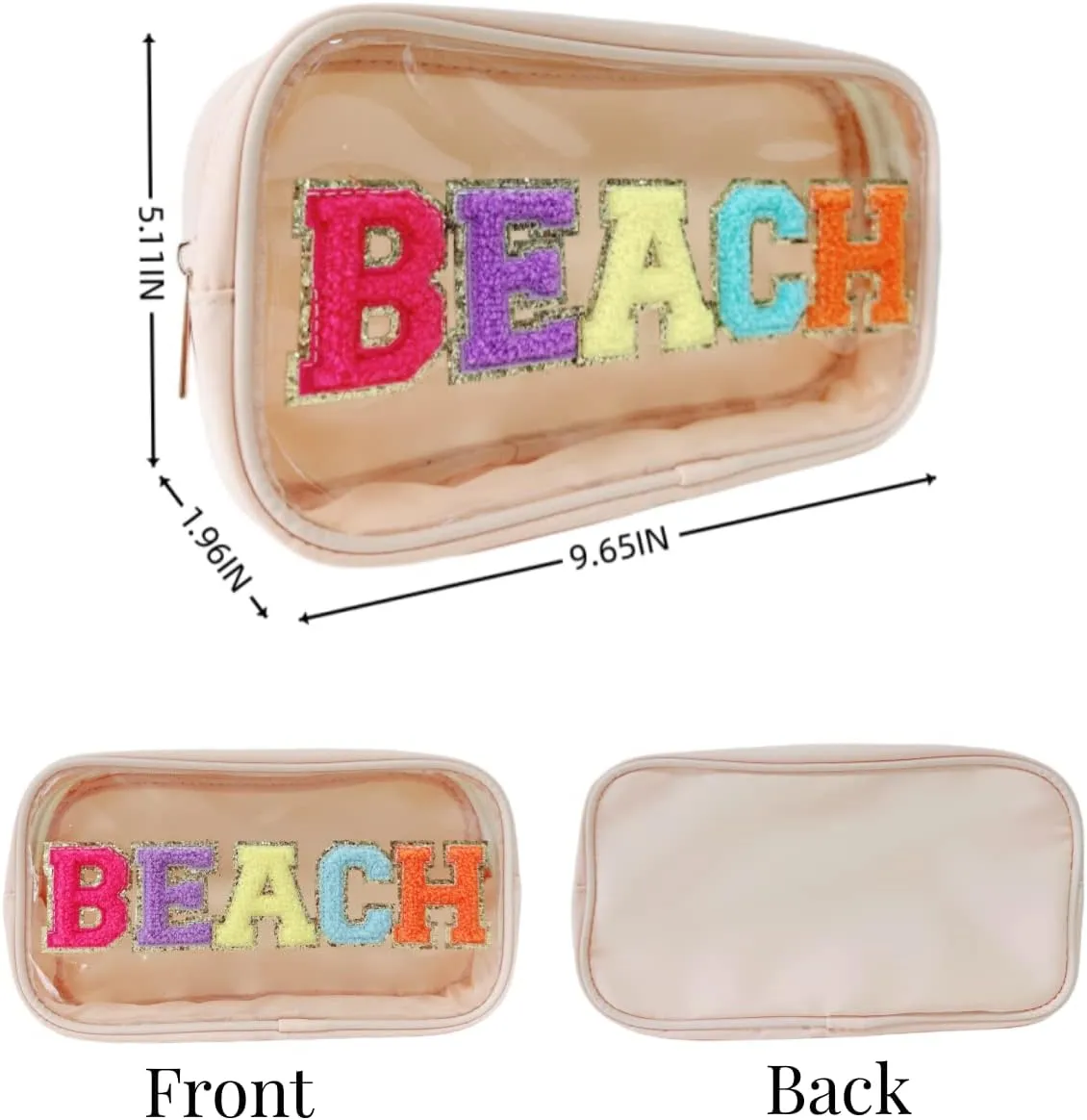 Clear Makeup Letter Bag Chenille Letter patch Beach Makeup Bag Cosmetic Bag for Beach Travel Nylon & Pvc Waterproof Organization Outdoor Zipper Pouch Toiletry Bag for Women Girls