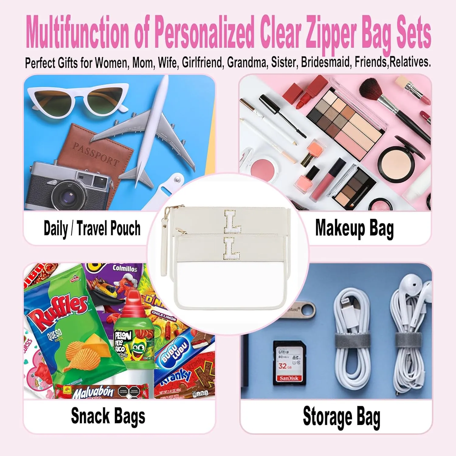 Clear Makeup Set 2pcs Glitter Chenille Monogram Snacks Travel Essentials Flat Zipper Pouch Cosmetic Brush Bag for Women (Beige Set- L)