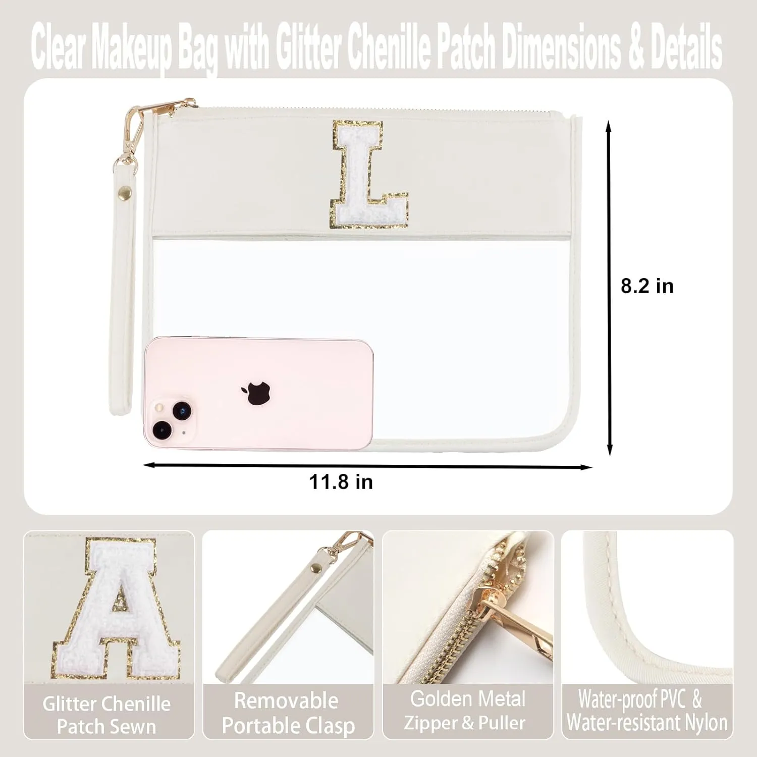 Clear Makeup Set 2pcs Glitter Chenille Monogram Snacks Travel Essentials Flat Zipper Pouch Cosmetic Brush Bag for Women (Beige Set- L)