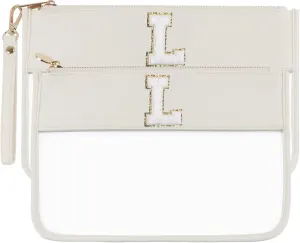 Clear Makeup Set 2pcs Glitter Chenille Monogram Snacks Travel Essentials Flat Zipper Pouch Cosmetic Brush Bag for Women (Beige Set- L)