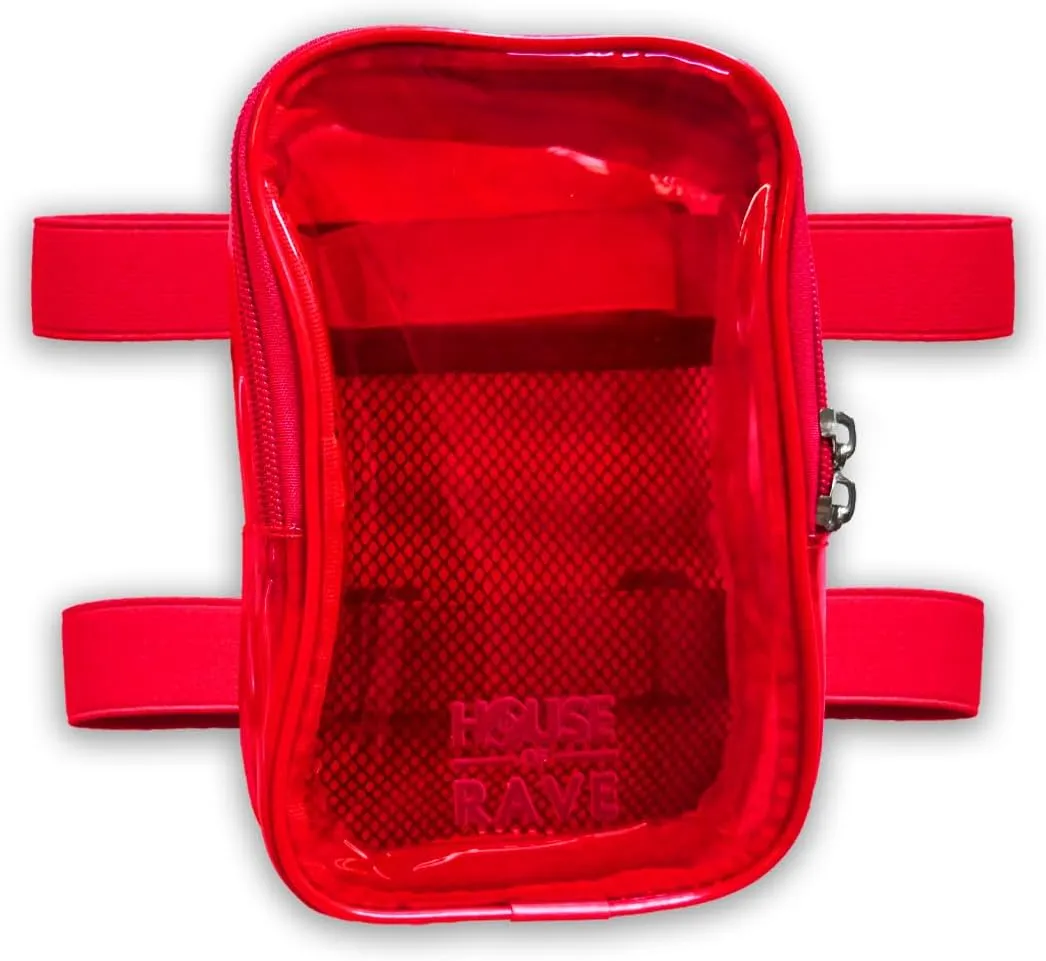 Clear Thigh Bag - Carnival Bag - Neon Thigh Bag w/Mesh Pocket & Double Zipper - Rave Bag for Women - Jelly Phone Holder Bag (Red)