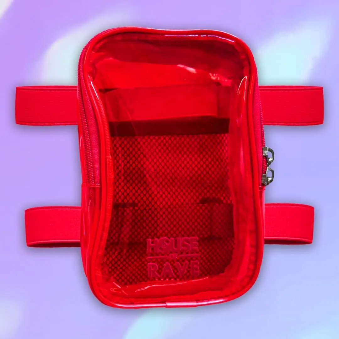 Clear Thigh Bag - Carnival Bag - Neon Thigh Bag w/Mesh Pocket & Double Zipper - Rave Bag for Women - Jelly Phone Holder Bag (Red)