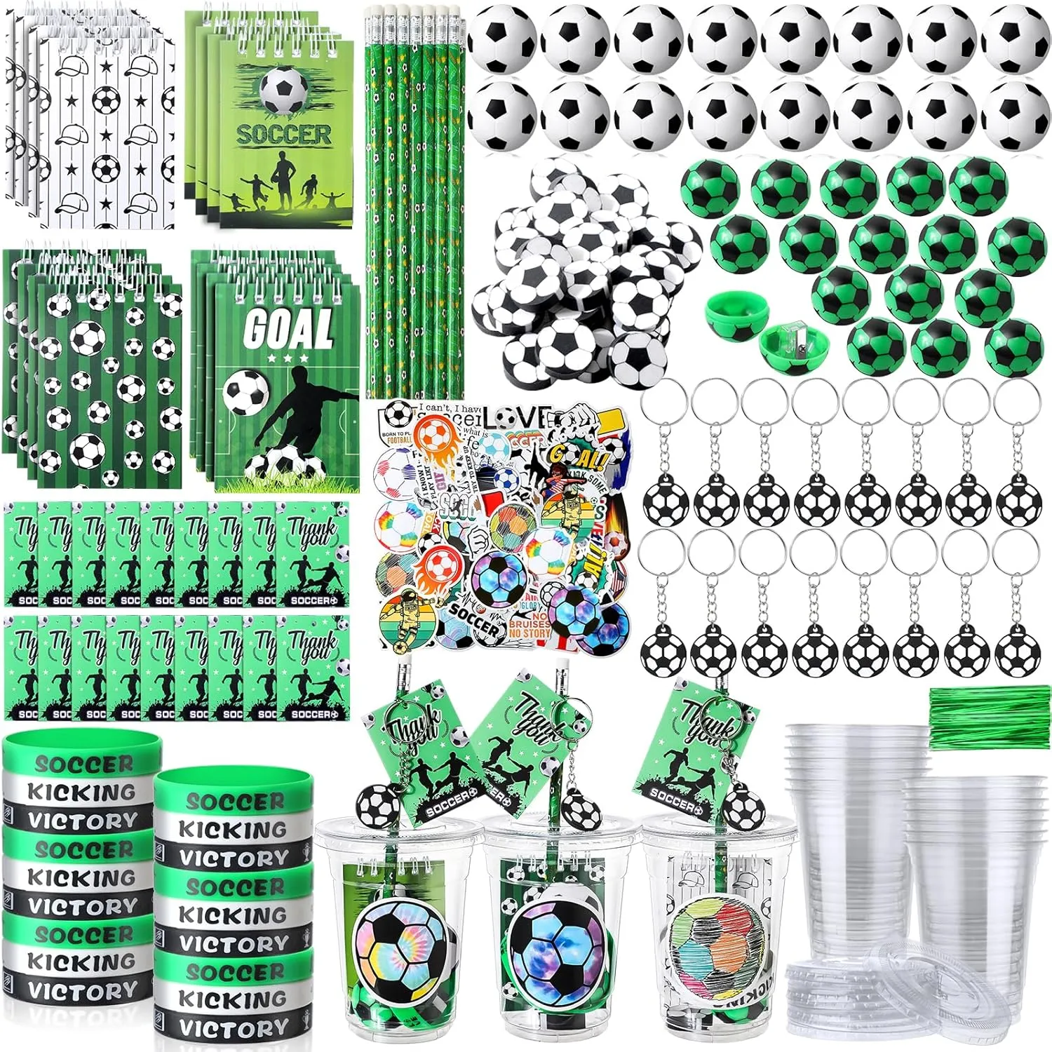 Colarr 195 Pcs Soccer Birthday Gifts Party Favors Sports Team Gift Cups Pencils Mini Book Keychains Wristbands Stickers Thank You Cards Eraser Sharpener Mini Ball for Soccer Party Supplies