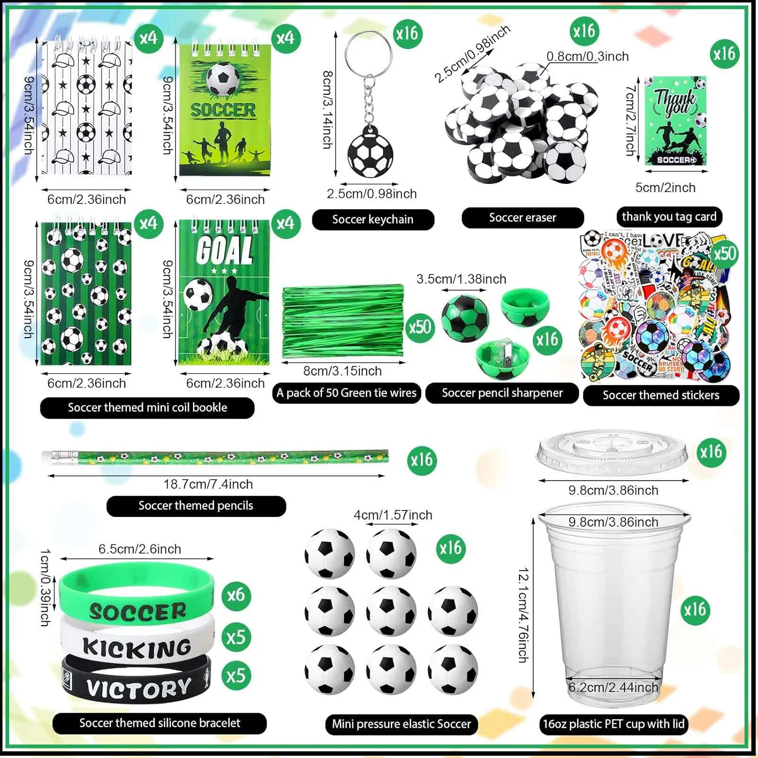 Colarr 195 Pcs Soccer Birthday Gifts Party Favors Sports Team Gift Cups Pencils Mini Book Keychains Wristbands Stickers Thank You Cards Eraser Sharpener Mini Ball for Soccer Party Supplies