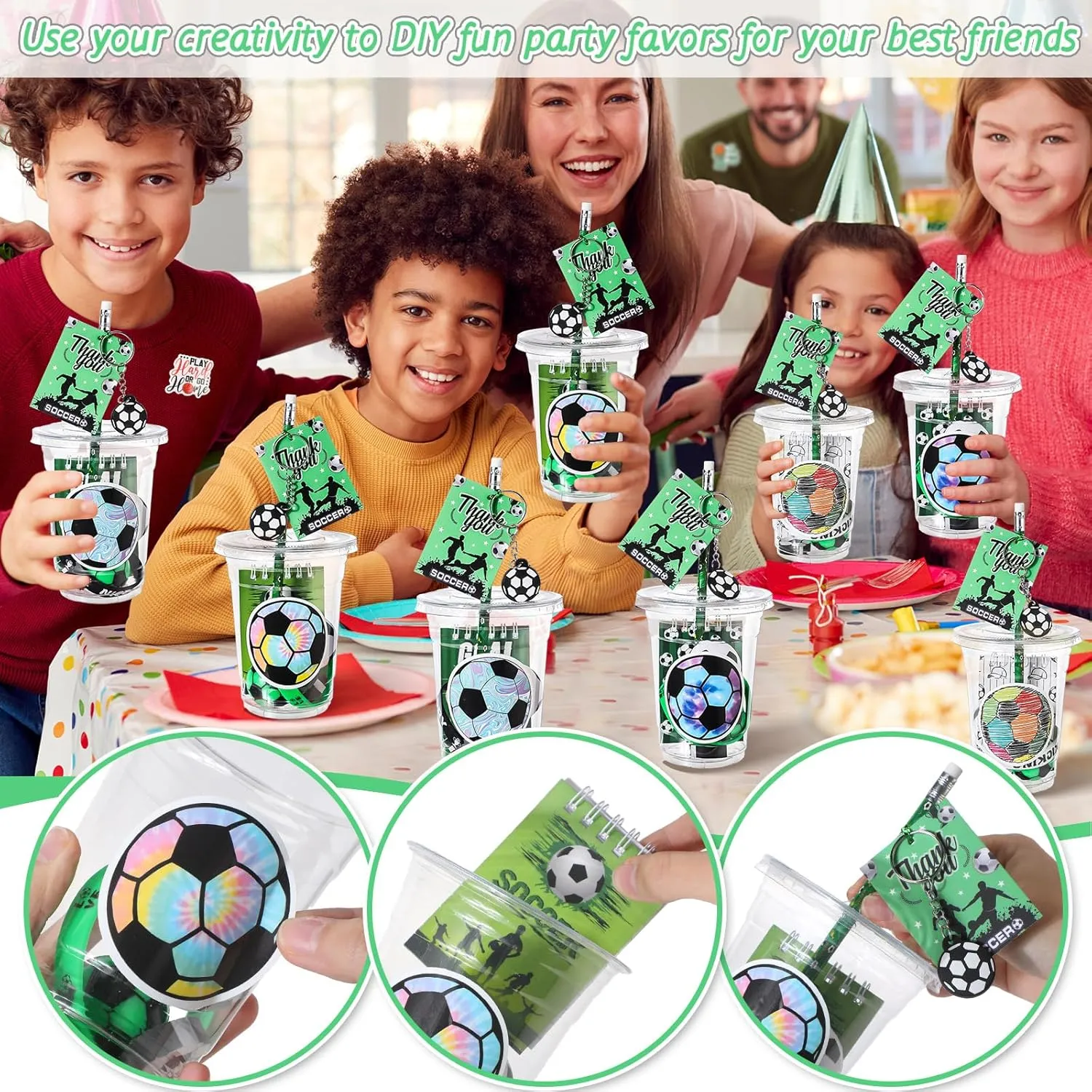 Colarr 195 Pcs Soccer Birthday Gifts Party Favors Sports Team Gift Cups Pencils Mini Book Keychains Wristbands Stickers Thank You Cards Eraser Sharpener Mini Ball for Soccer Party Supplies
