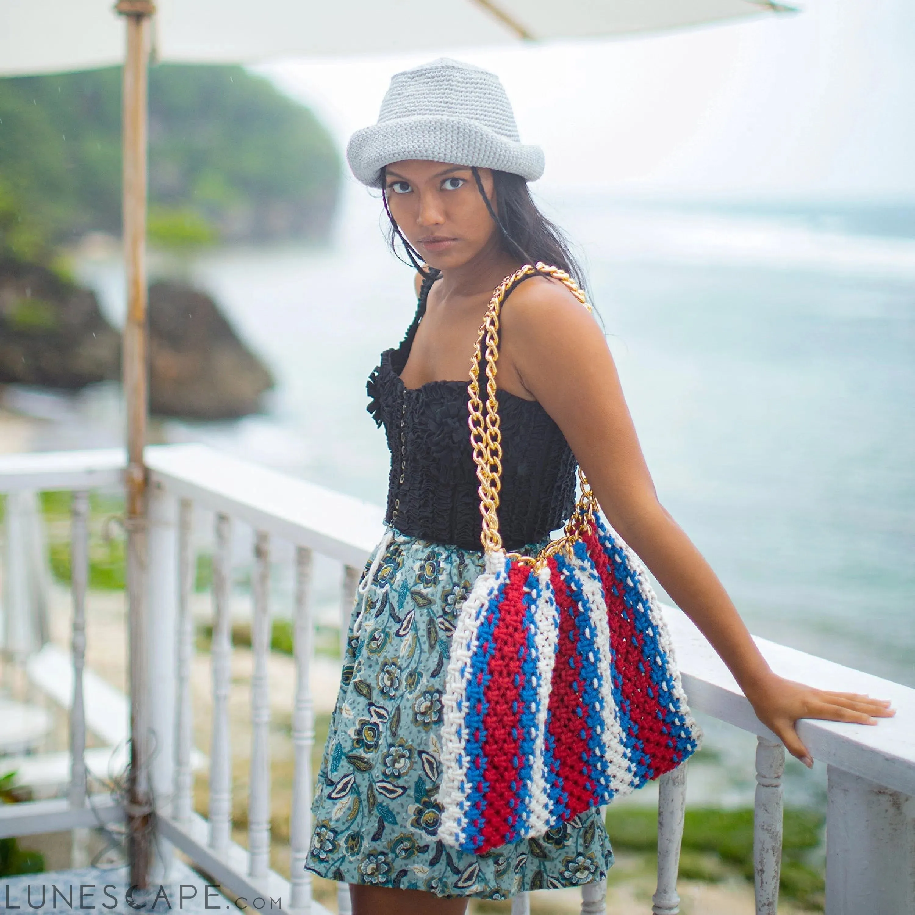 COLETTE Macrame Beach Bag In Red, White & Blue