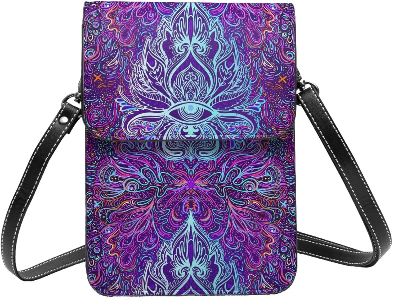 colorful neon eye Chakras Mystic abstract Crossbody Cell Phone Purse for Women Girls Leather Mini Cross Body Bags Small Shoulder Bags
