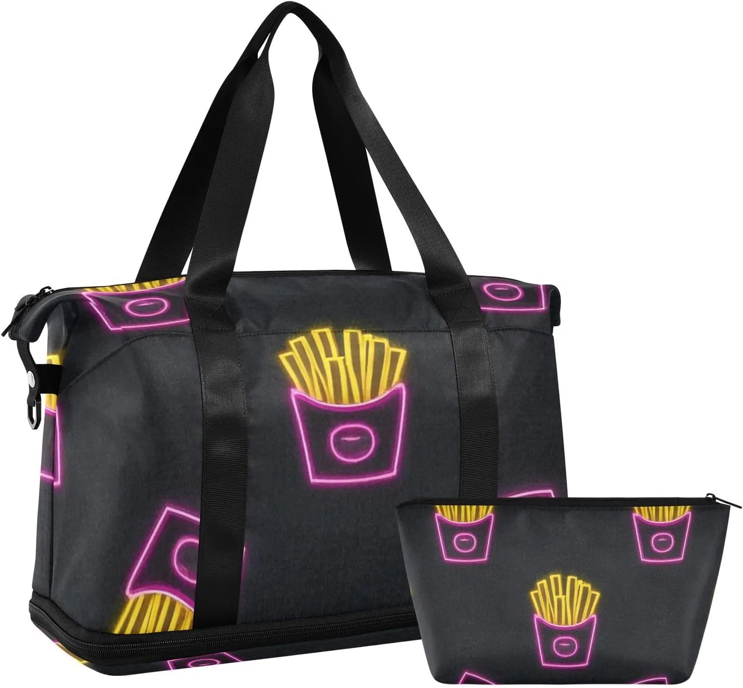 Colorful Neon Fluorescent Fries Travel Duffel Bag Overnight Weekender Bags with Toiletry Bag for Trekking Foldable