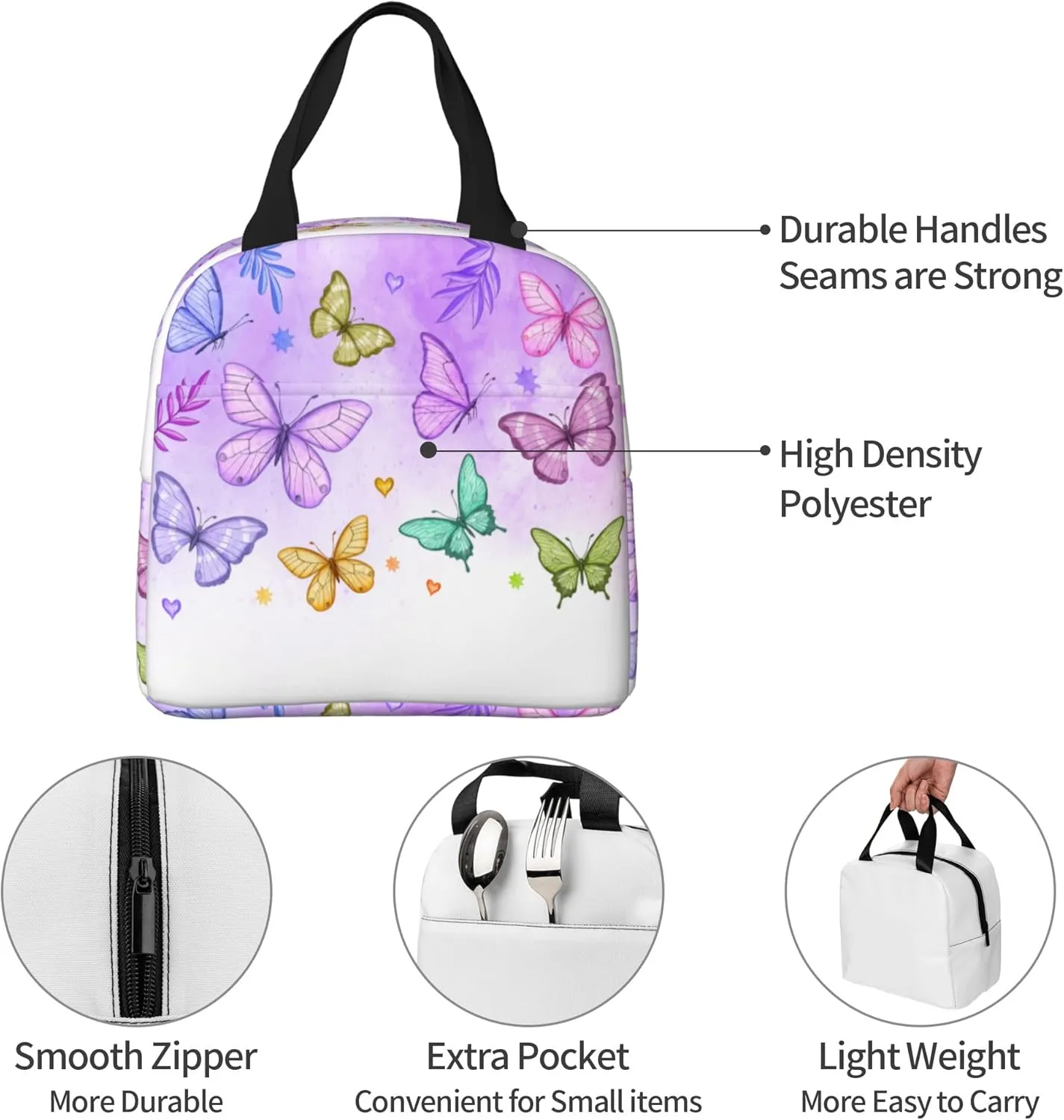 Colorful Tie Dye Butterfly Lunch Bag, Unisex Reusable Insulated Lunch Tote Box, Thermal Cooler Sack Food Handbags Case High Capacity for Travel Work Picnic