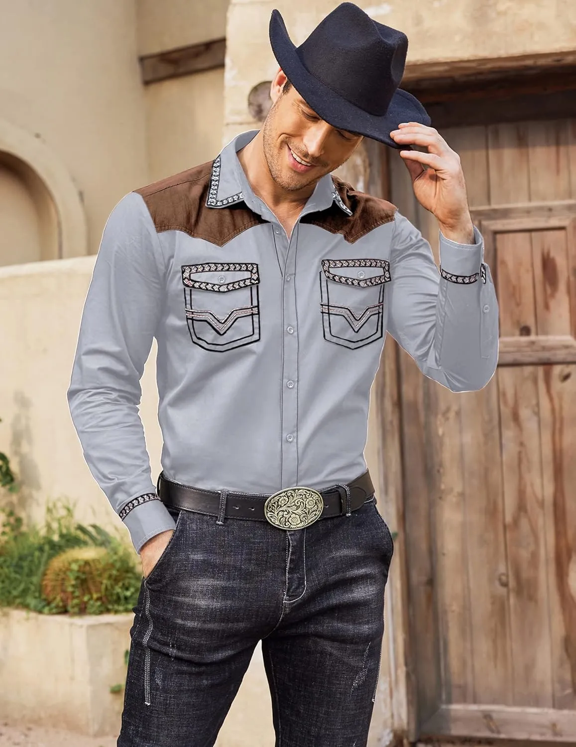COOFANDY Men's Western Cowboy Shirt Embroidered Long Sleeve Slim Fit Casual Cotton Button Down Hippie Shirts with Pockets