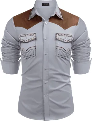 COOFANDY Men's Western Cowboy Shirt Embroidered Long Sleeve Slim Fit Casual Cotton Button Down Hippie Shirts with Pockets