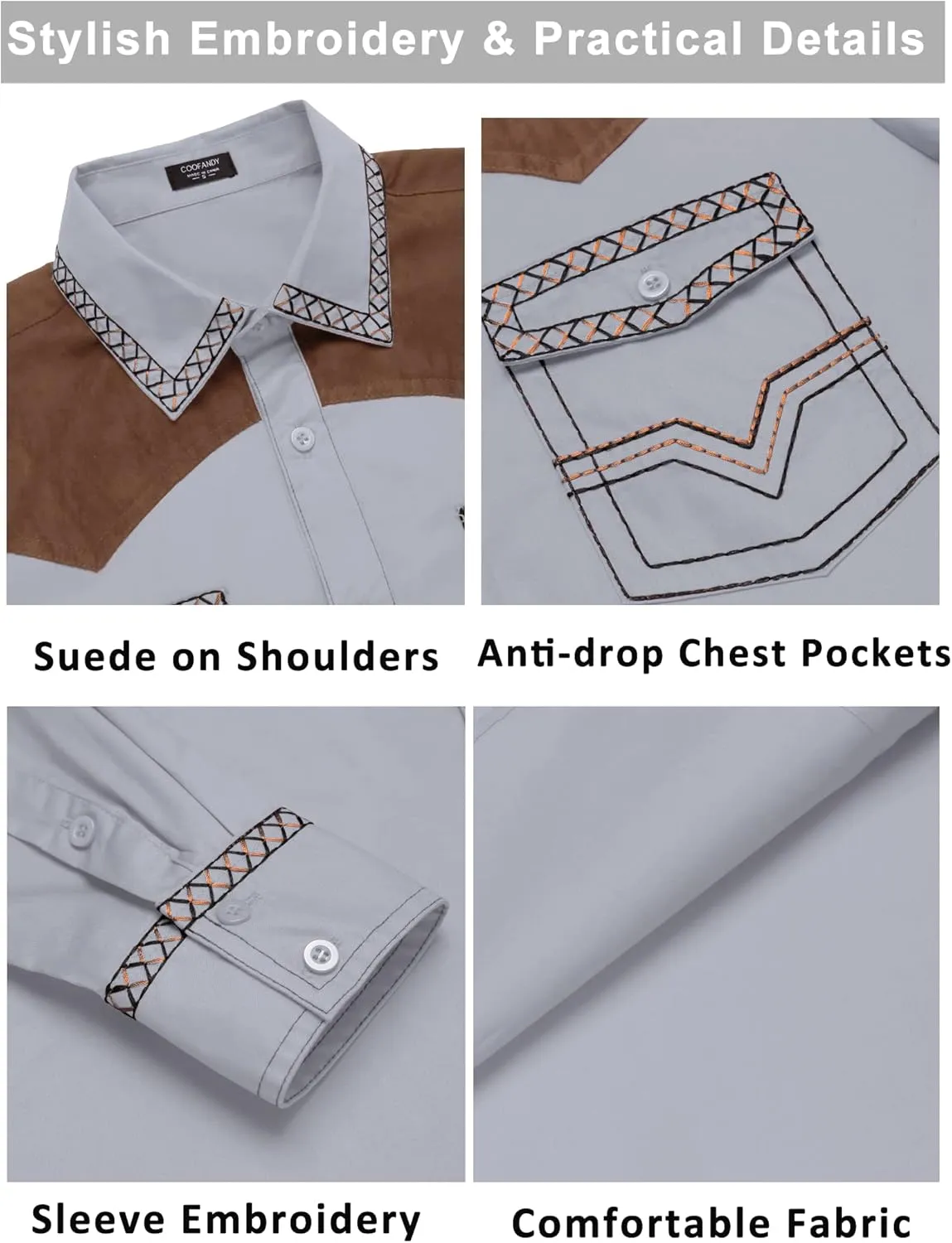 COOFANDY Men's Western Cowboy Shirt Embroidered Long Sleeve Slim Fit Casual Cotton Button Down Hippie Shirts with Pockets