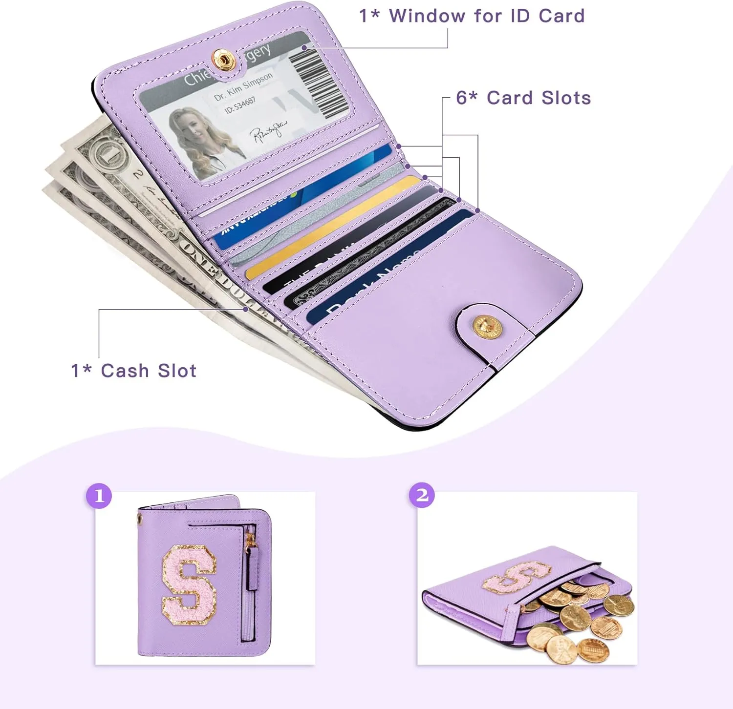 COSHAYSOO Cool Valentines Birthday Gift Ideas Initial Wallet for College Teenage Girls Slim RFID Blocking Bifold Wallet Travel Essentials Coin Cash Cards Organizer Purse Chenille Letter S Purple