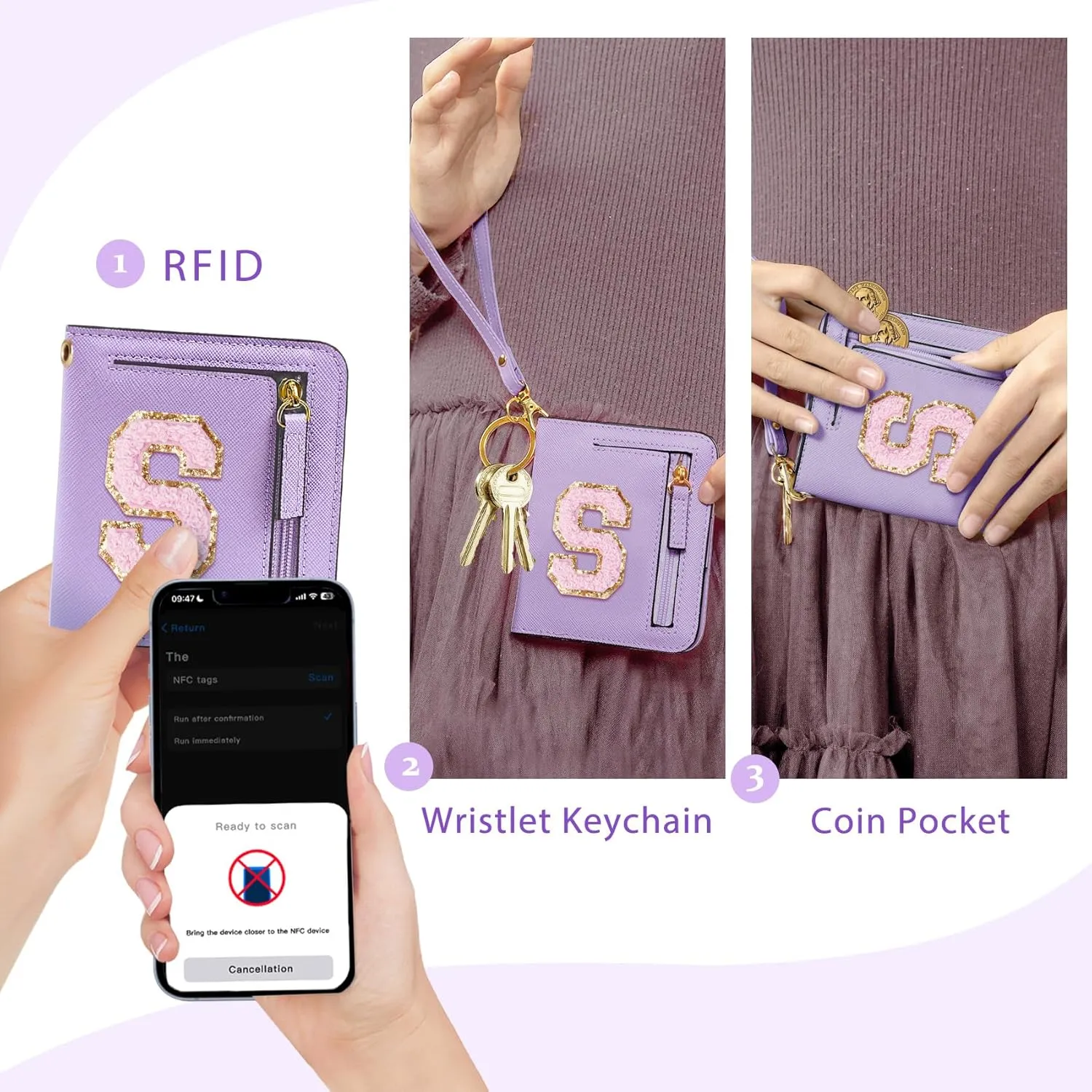 COSHAYSOO Cool Valentines Birthday Gift Ideas Initial Wallet for College Teenage Girls Slim RFID Blocking Bifold Wallet Travel Essentials Coin Cash Cards Organizer Purse Chenille Letter S Purple