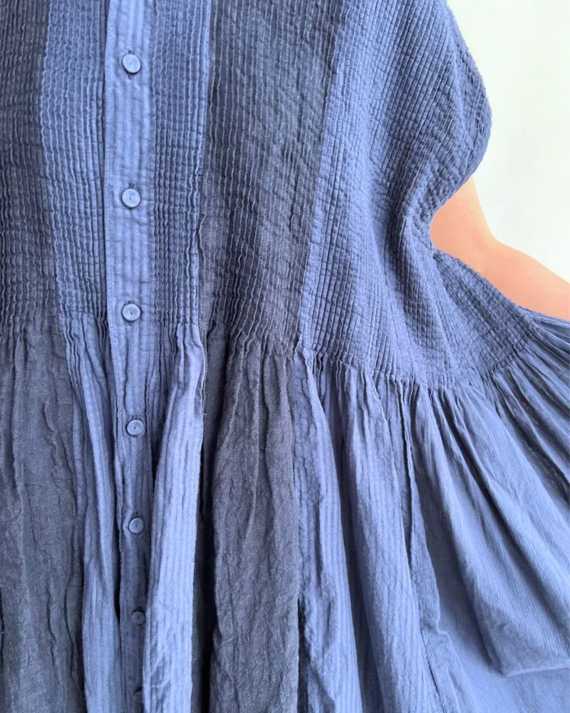 COTTON &LINEN PATCHWORK (OVERDYE) BANDED F/SL SHIRT DRESS WITH MINI PINTUCK in Navy