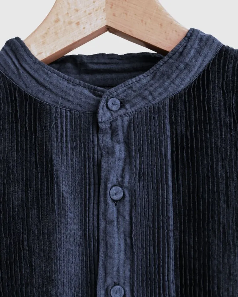 COTTON &LINEN PATCHWORK (OVERDYE) BANDED F/SL SHIRT DRESS WITH MINI PINTUCK in Navy