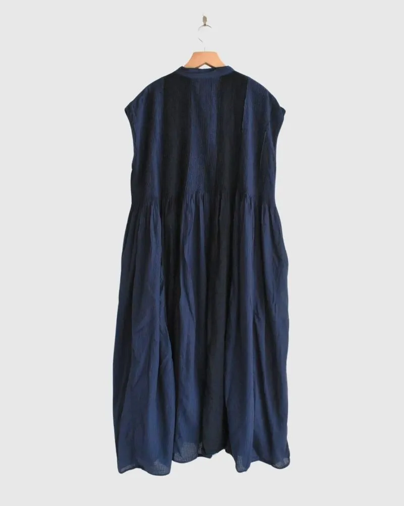 COTTON &LINEN PATCHWORK (OVERDYE) BANDED F/SL SHIRT DRESS WITH MINI PINTUCK in Navy