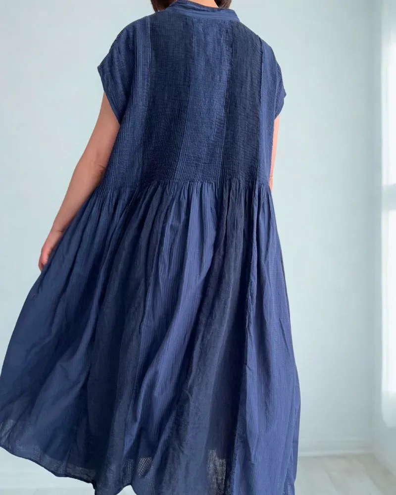 COTTON &LINEN PATCHWORK (OVERDYE) BANDED F/SL SHIRT DRESS WITH MINI PINTUCK in Navy