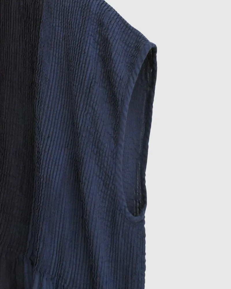 COTTON &LINEN PATCHWORK (OVERDYE) BANDED F/SL SHIRT DRESS WITH MINI PINTUCK in Navy