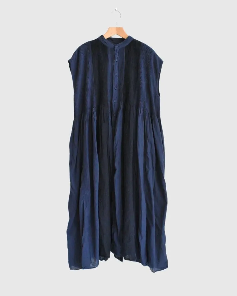 COTTON &LINEN PATCHWORK (OVERDYE) BANDED F/SL SHIRT DRESS WITH MINI PINTUCK in Navy