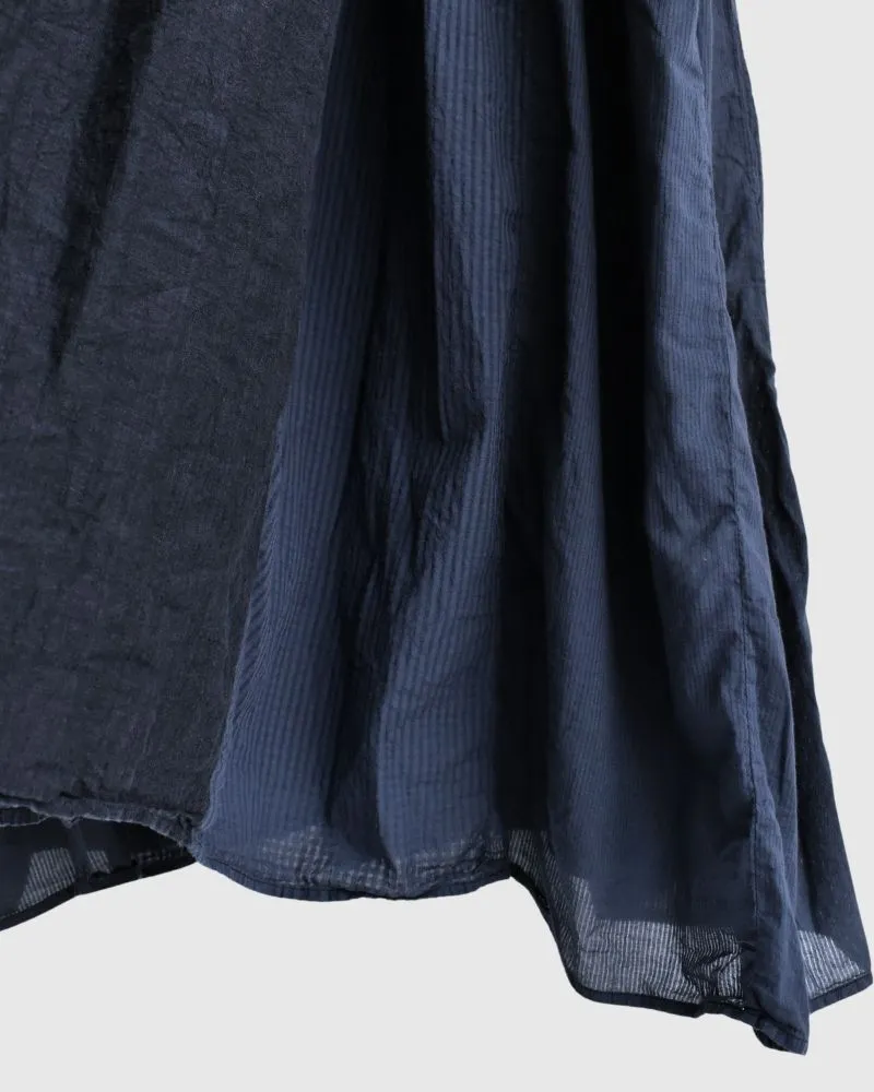 COTTON &LINEN PATCHWORK (OVERDYE) BANDED F/SL SHIRT DRESS WITH MINI PINTUCK in Navy