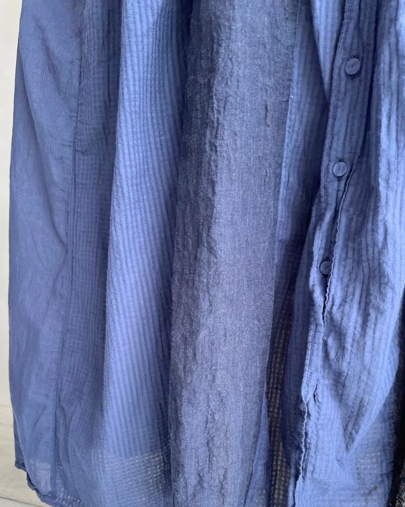 COTTON &LINEN PATCHWORK (OVERDYE) BANDED F/SL SHIRT DRESS WITH MINI PINTUCK in Navy