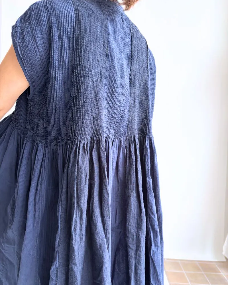 COTTON &LINEN PATCHWORK (OVERDYE) BANDED F/SL SHIRT DRESS WITH MINI PINTUCK in Navy