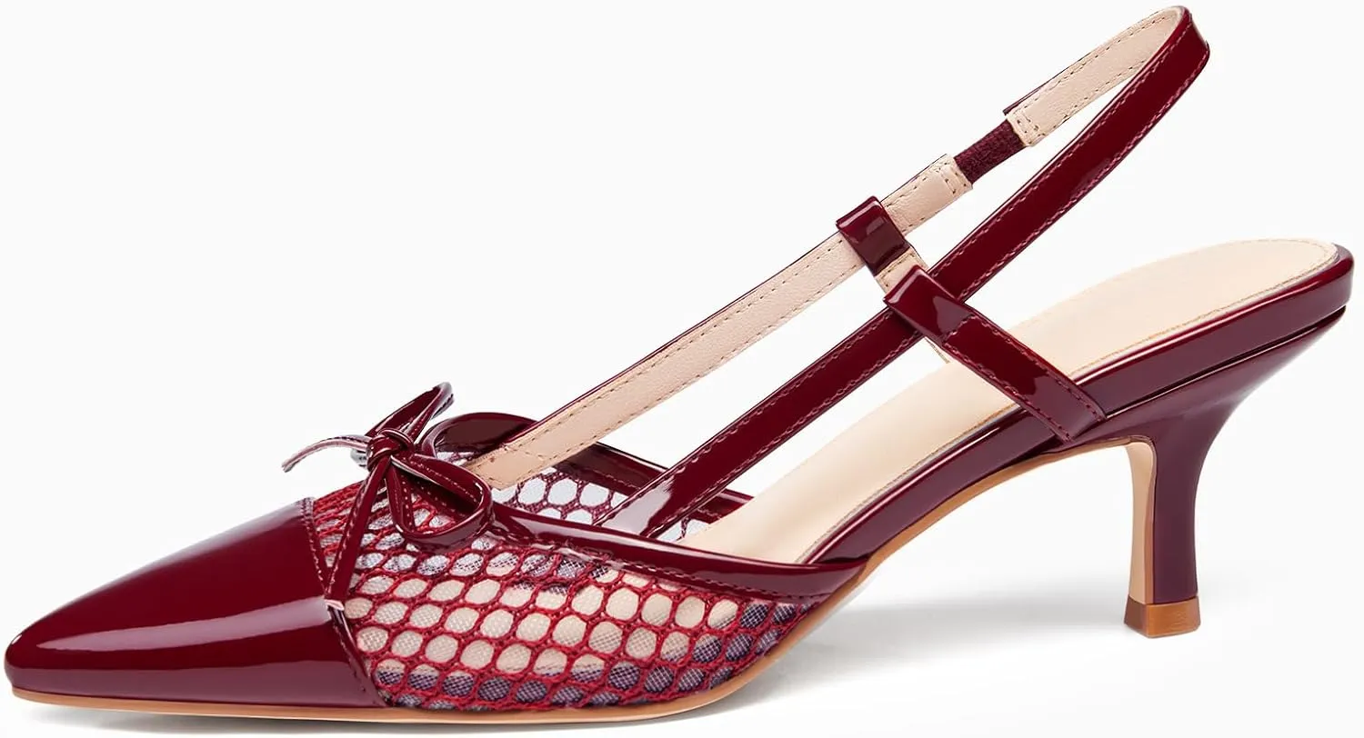 Coutgo Women‘s Bow Tie Slingback Pumps Pointed Toe Kitten Low Heel Patchwork Dress Heeled Sandals