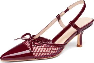 Coutgo Women‘s Bow Tie Slingback Pumps Pointed Toe Kitten Low Heel Patchwork Dress Heeled Sandals