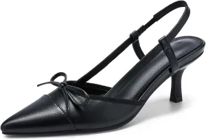 Coutgo Women‘s Bow Tie Slingback Pumps Pointed Toe Kitten Low Heel Patchwork Dress Heeled Sandals