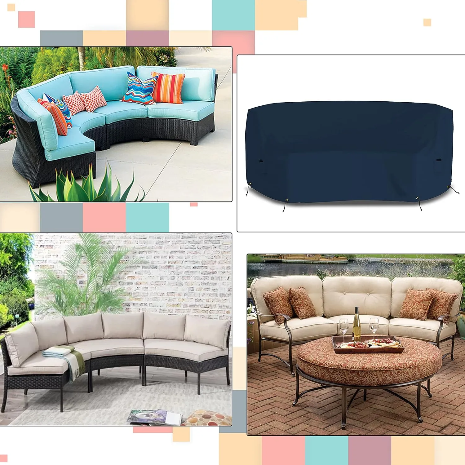 Covers & All Curved Outdoor Couch Cover, 12 Oz PVC Polyester Patio Furniture Cover, Tear & UV Proof Couch Cover Patio with Air Pockets & Drawstrings (90" L x 34" W x 32" H x 46" FL, Blue)