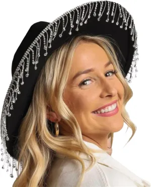 Cowboy Hats for Women Men Wide Brim Rhinestone Tasseled Large Cap for Club Party Retro Fluffy Hat