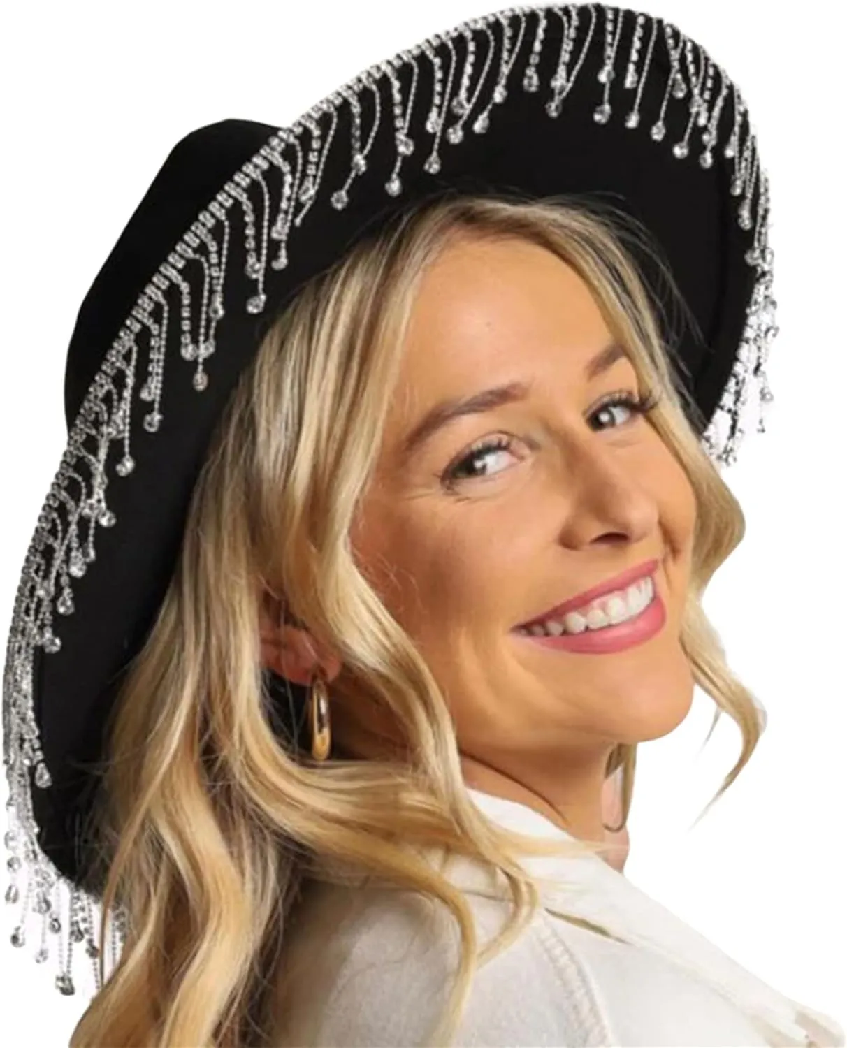 Cowboy Hats for Women Men Wide Brim Rhinestone Tasseled Large Cap for Club Party Retro Fluffy Hat