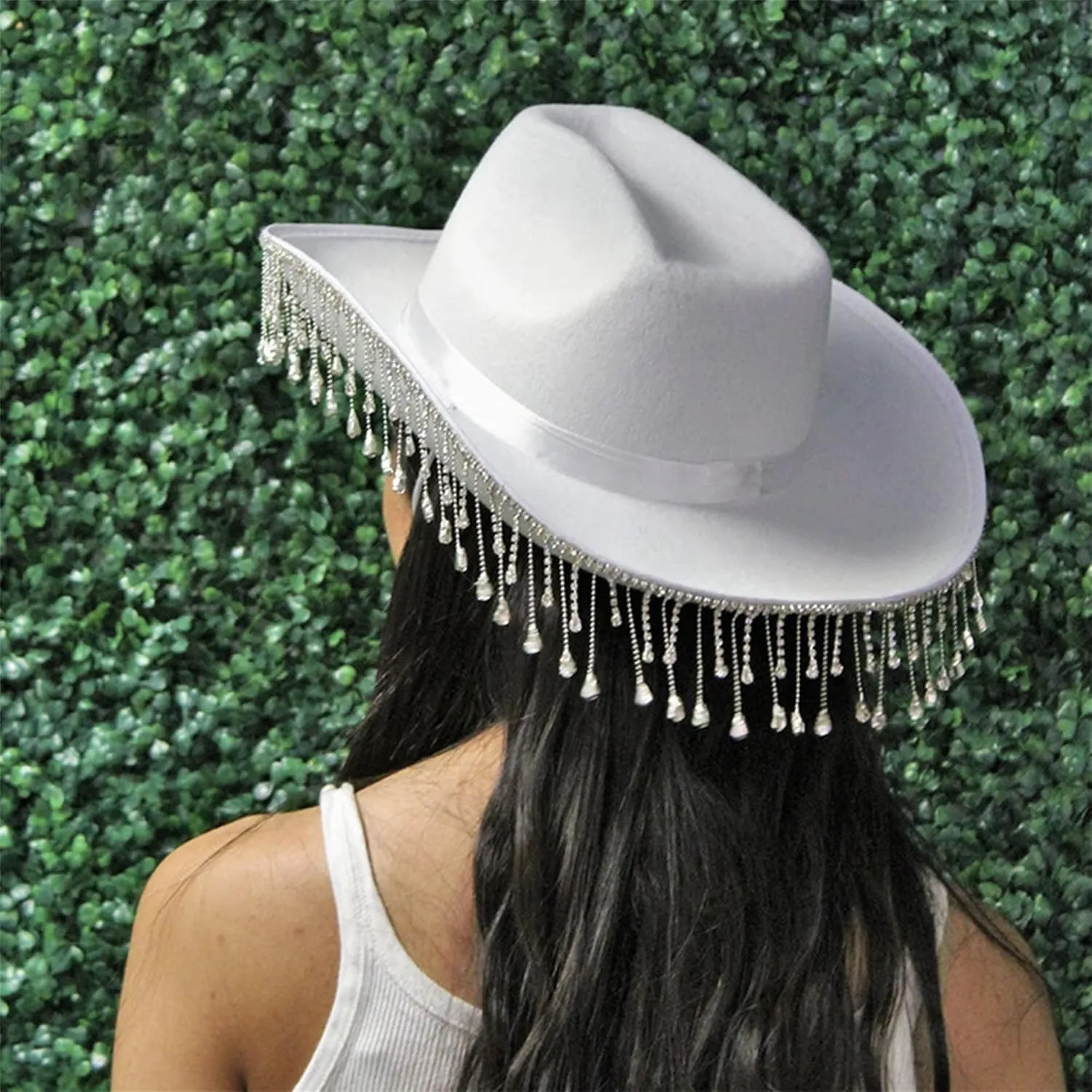 Cowboy Hats for Women Men Wide Brim Rhinestone Tasseled Large Cap for Club Party Retro Fluffy Hat