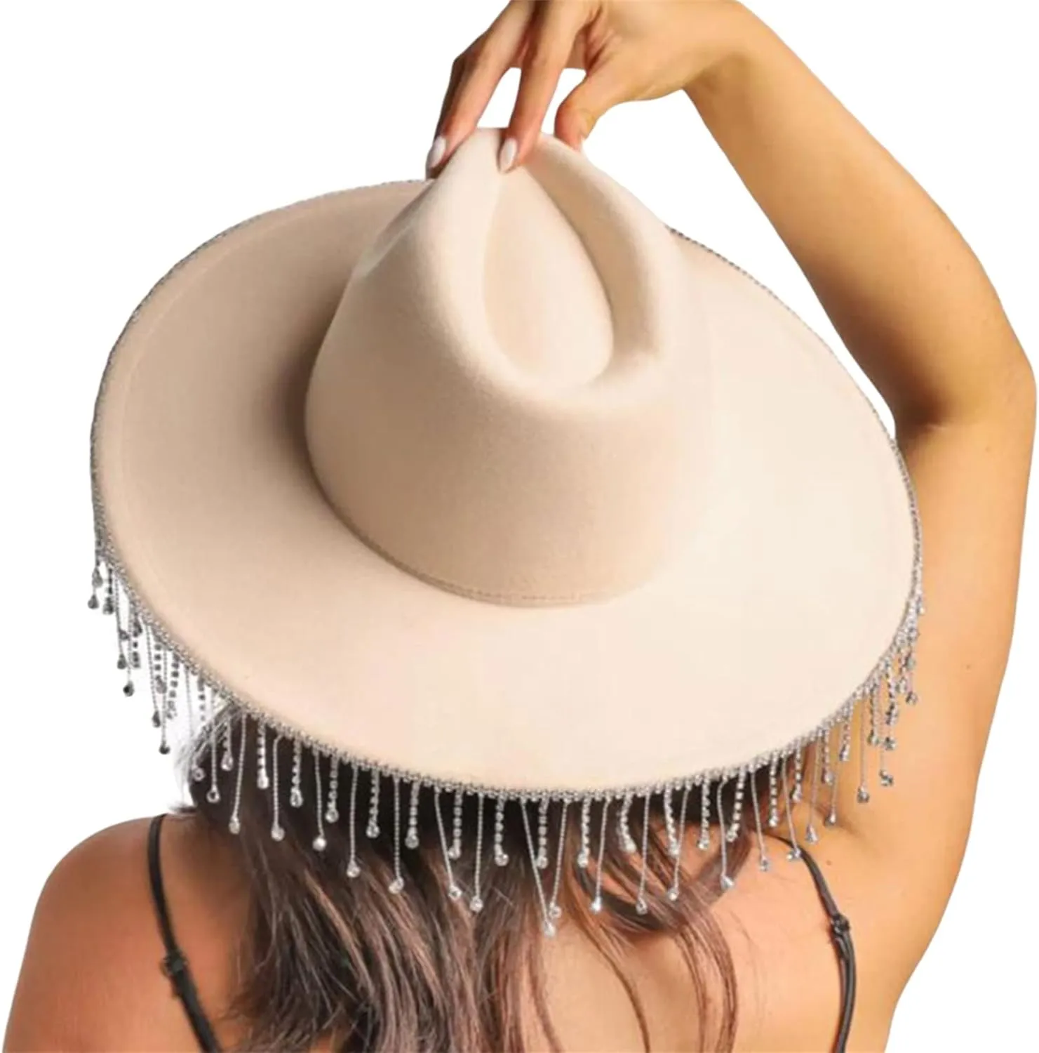 Cowboy Hats for Women Men Wide Brim Rhinestone Tasseled Large Cap for Club Party Retro Fluffy Hat