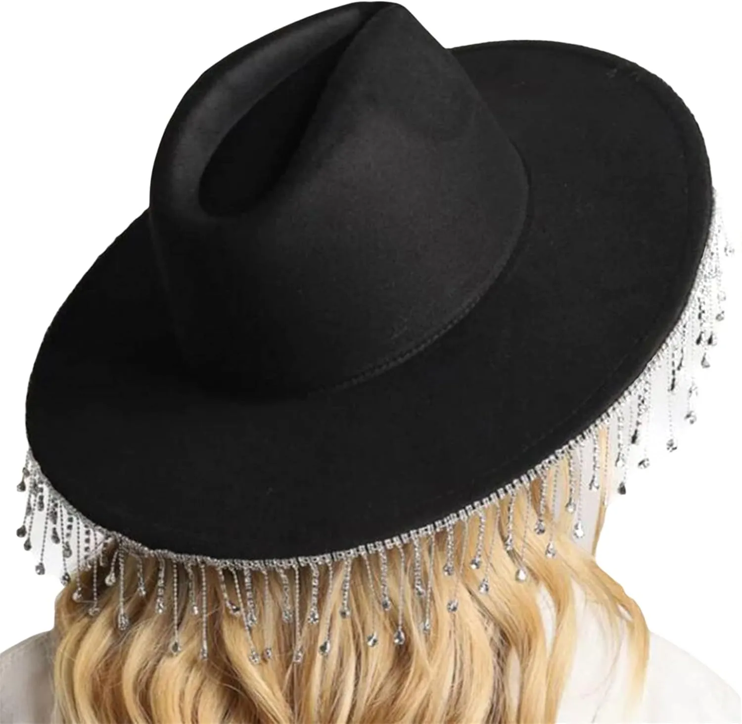 Cowboy Hats for Women Men Wide Brim Rhinestone Tasseled Large Cap for Club Party Retro Fluffy Hat