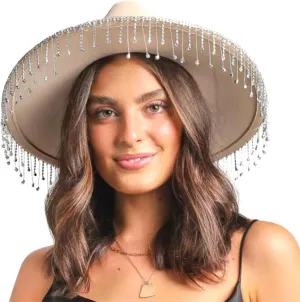 Cowboy Hats for Women Men Wide Brim Rhinestone Tasseled Large Cap for Club Party Retro Fluffy Hat
