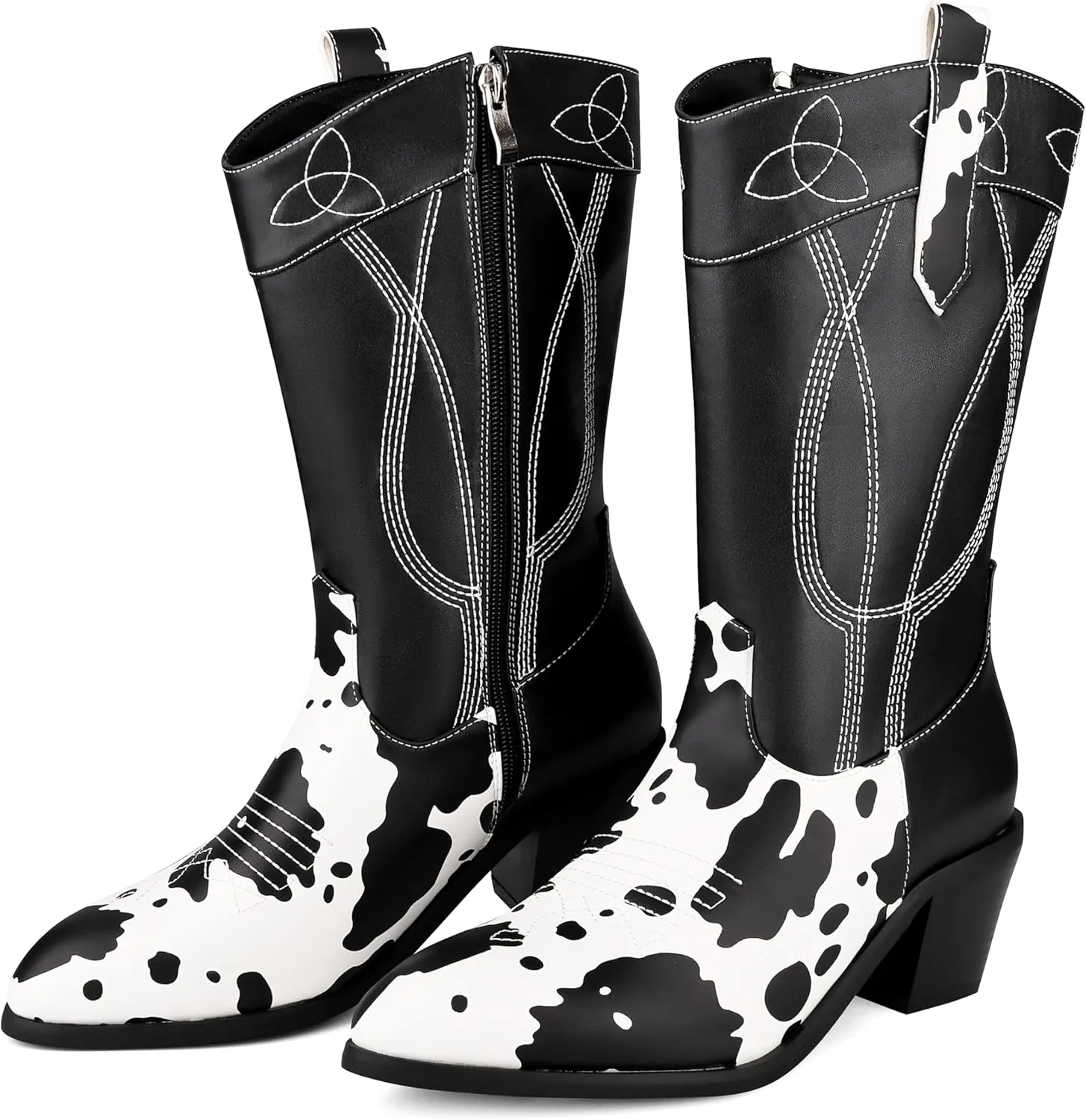 Cozivwaiy Cow Print Boots for Women Patchwork Cowboy Boots Animal Print Half Boots Pull on Chunky Mid Heel Cowgirl Boots