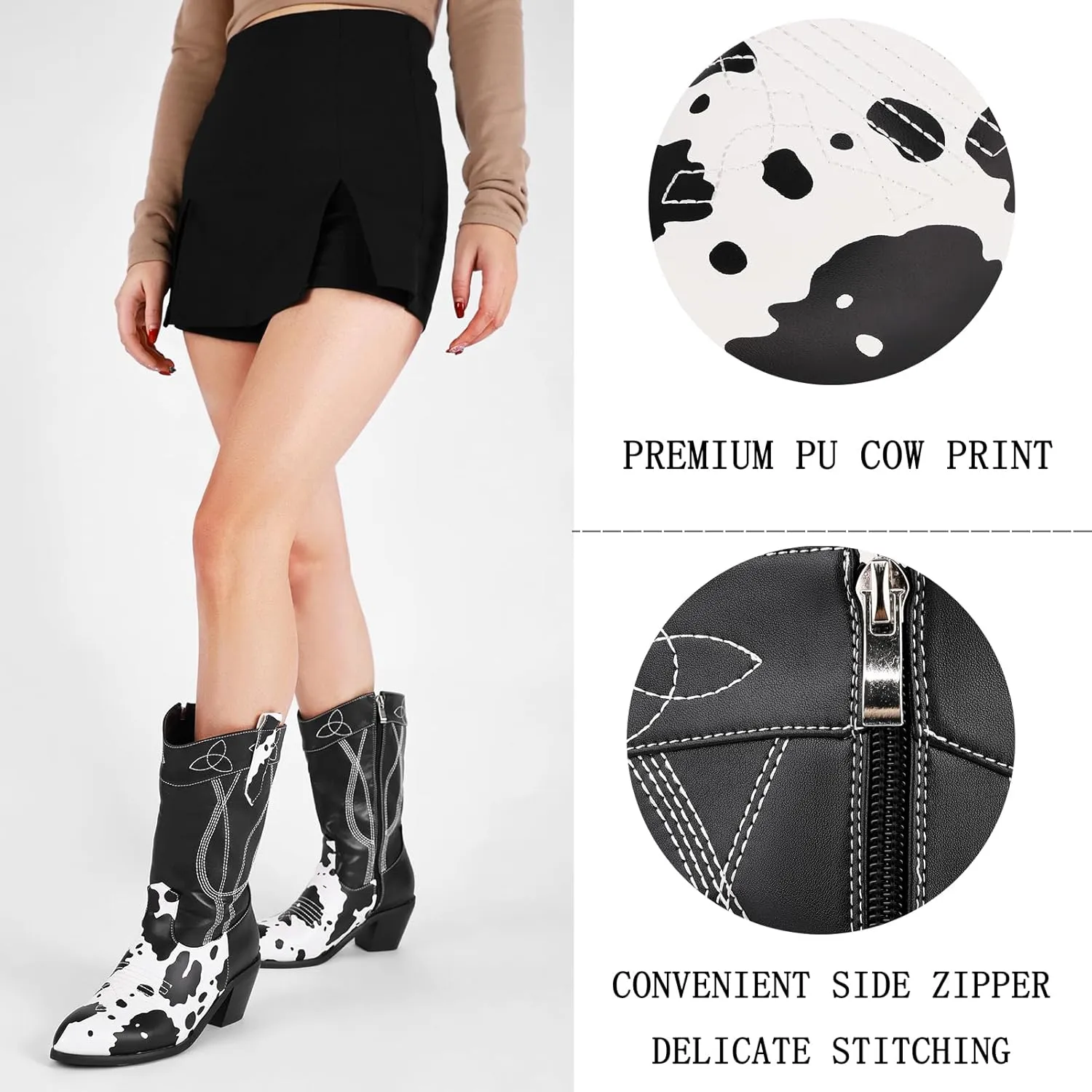 Cozivwaiy Cow Print Boots for Women Patchwork Cowboy Boots Animal Print Half Boots Pull on Chunky Mid Heel Cowgirl Boots