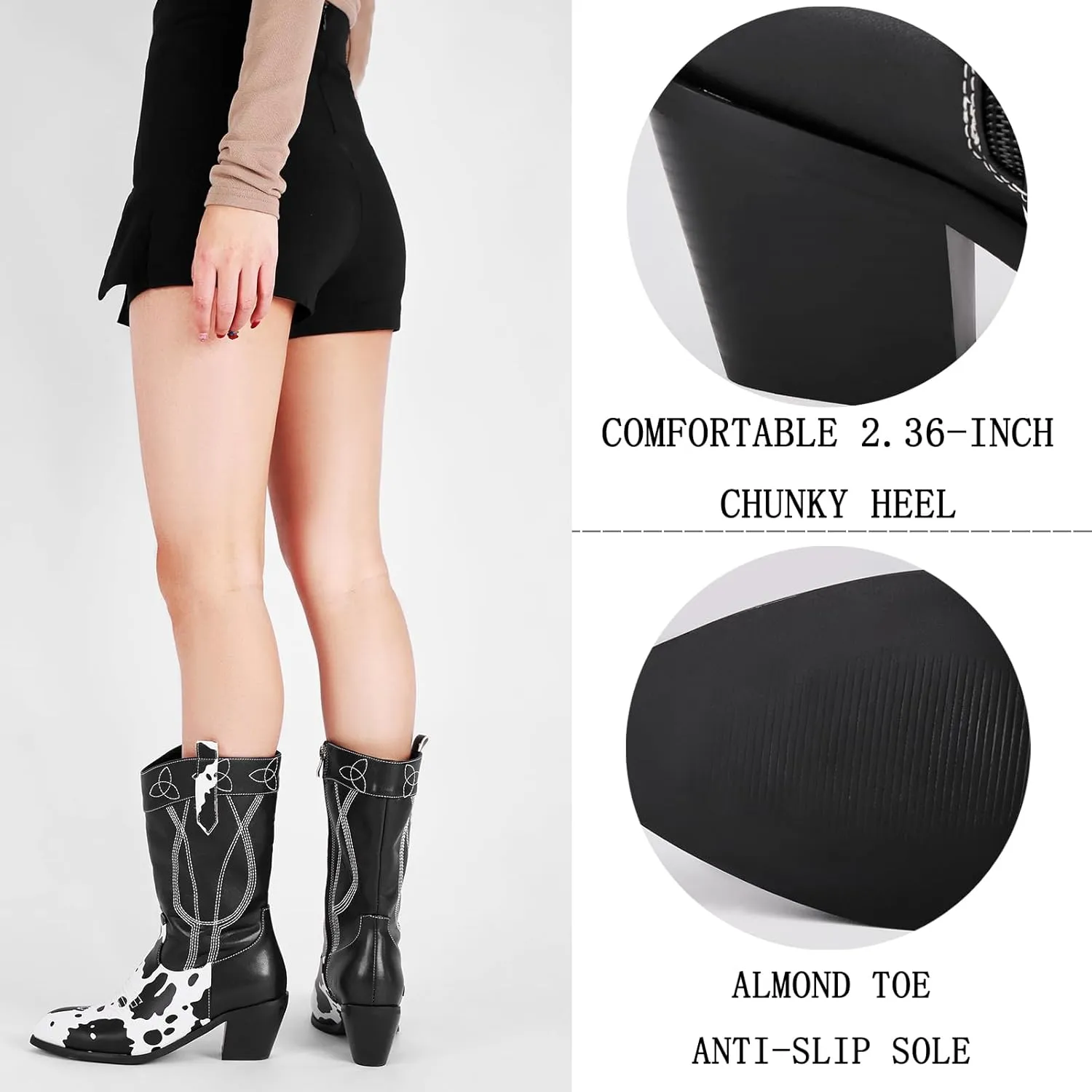 Cozivwaiy Cow Print Boots for Women Patchwork Cowboy Boots Animal Print Half Boots Pull on Chunky Mid Heel Cowgirl Boots