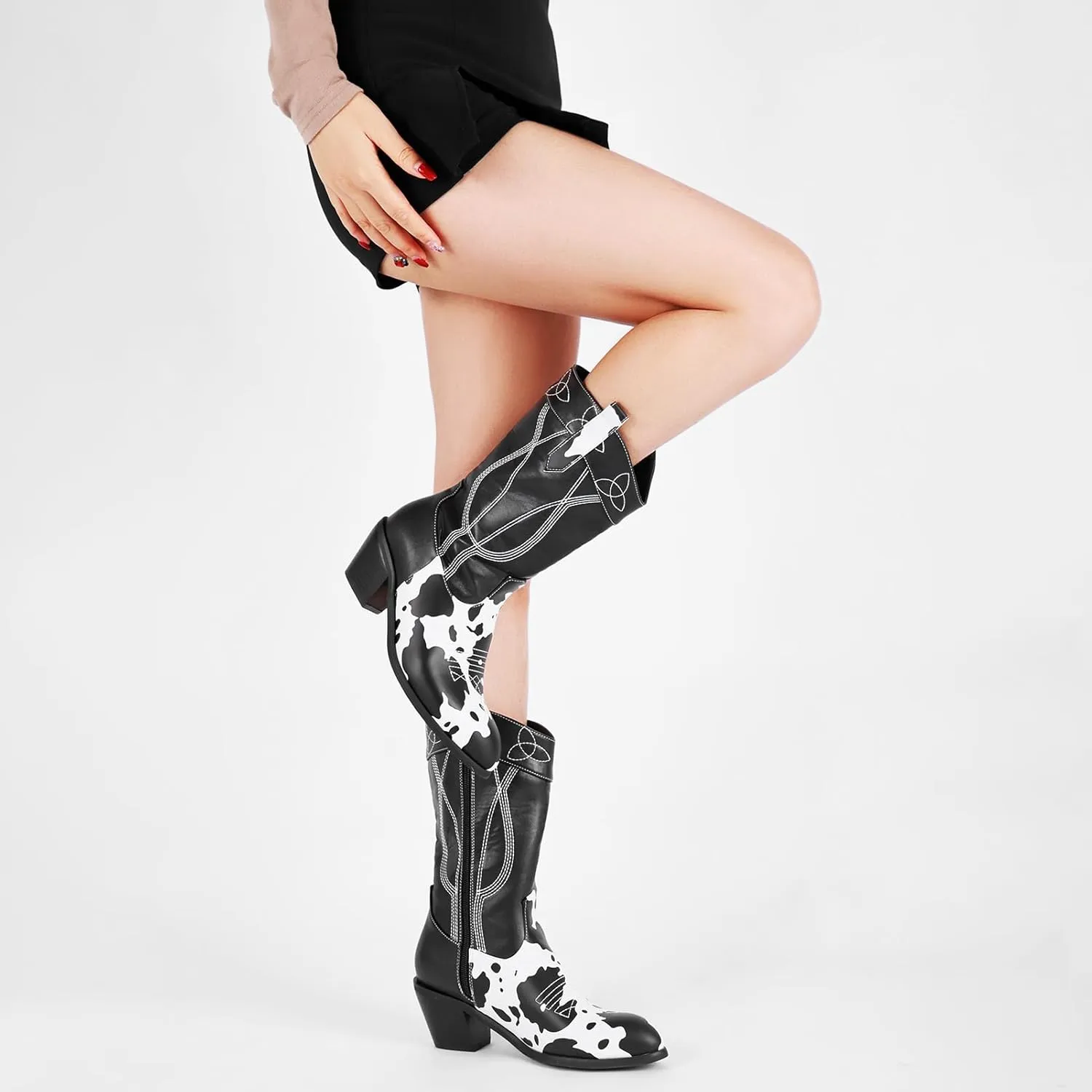 Cozivwaiy Cow Print Boots for Women Patchwork Cowboy Boots Animal Print Half Boots Pull on Chunky Mid Heel Cowgirl Boots