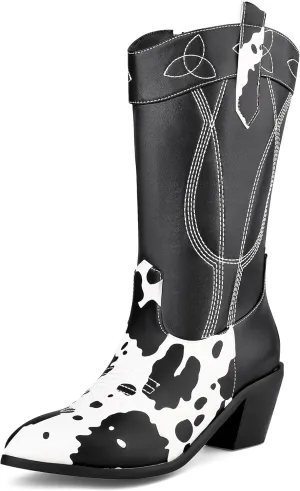 Cozivwaiy Cow Print Boots for Women Patchwork Cowboy Boots Animal Print Half Boots Pull on Chunky Mid Heel Cowgirl Boots