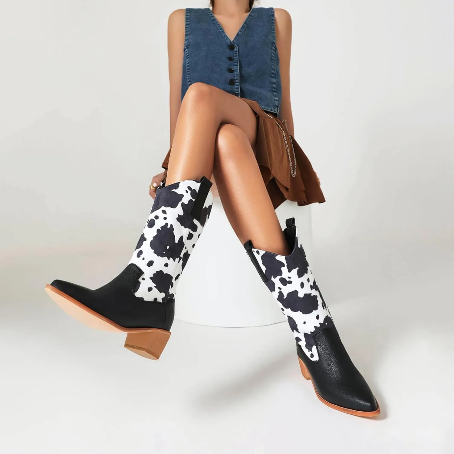 Cozivwaiy Women Mid Calf Cowboy Boots Chunky Heel Half Boots Cow Print Western Boots Plus size (US 4-12.5)