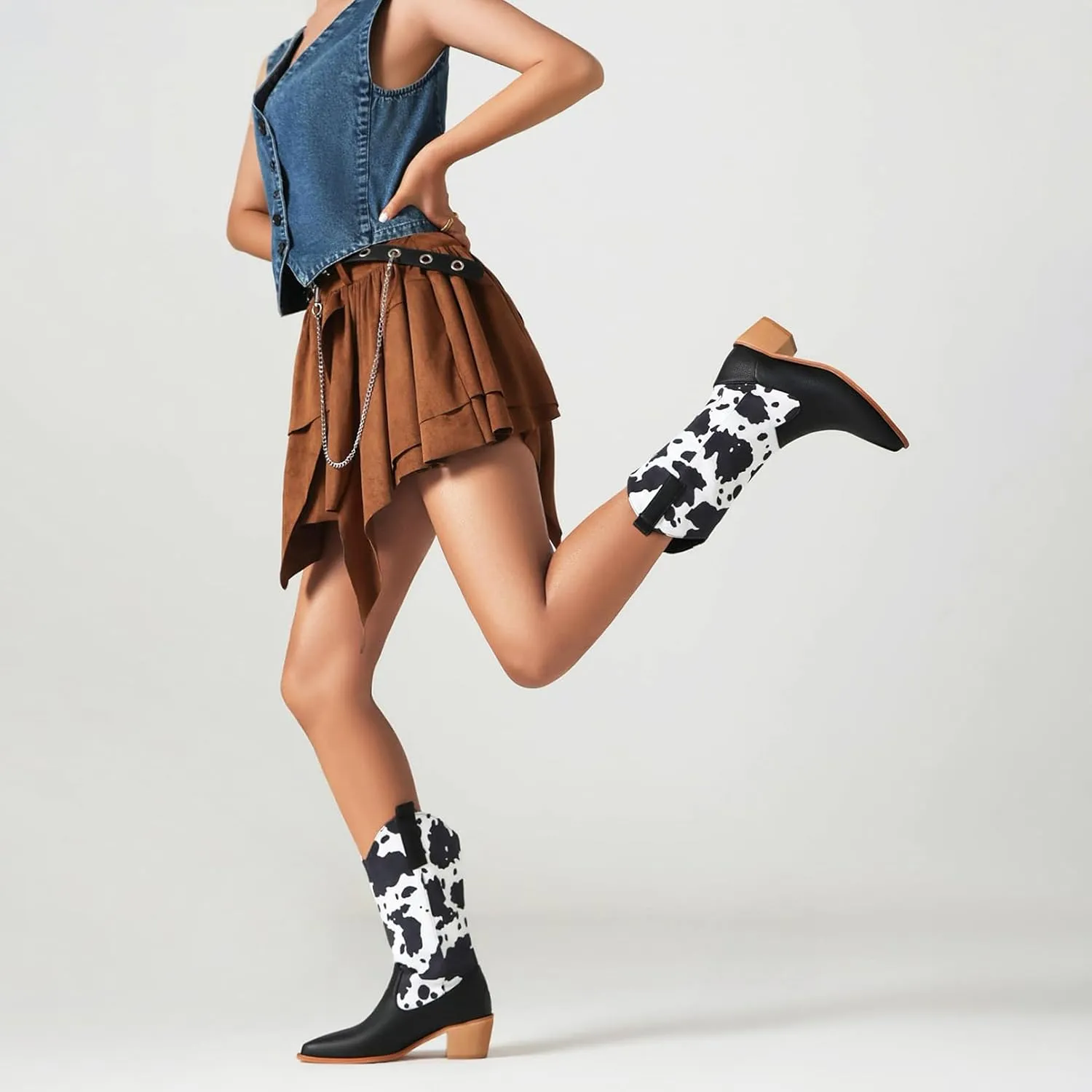 Cozivwaiy Women Mid Calf Cowboy Boots Chunky Heel Half Boots Cow Print Western Boots Plus size (US 4-12.5)